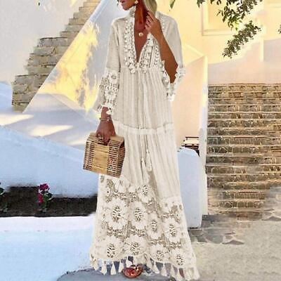 #ad Ladies Boho Maxi Dress 3 4 Sleeve Floral Gypsy Bohemian Hippie Lace Ethnic Dress $34.89