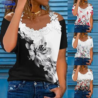 Womens Lace Cold Shoulder Tops T Shirts Ladies Boho V Neck Summer Tee Blouse New $16.99