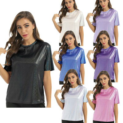 #ad Women#x27;s Shiny Short Sleeve Loose T Shirt Tops Blouse Glitter Party Tops Clubwear $7.56