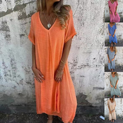 #ad Women Casual Boho Long Sleeve Cotton Linen Maxi Dress Sundress Summer V Neck $15.96