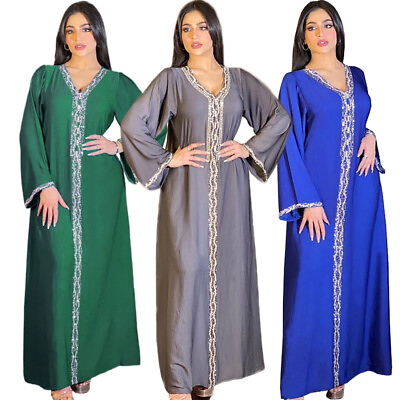 #ad Moroccan Women Muslim Kaftan Abaya Long Maxi Dress V neck Party Gown Caftan Robe $52.11