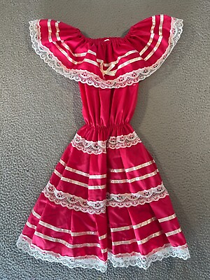 Escaramuza Off the Shoulder Mexican Dress Girls Size 6 Pink Tiered $8.75