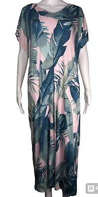 #ad Tommy Bahama Knit Palm Print Short Sleeve Long Maxi Caftan Dress W Pockets M $34.99
