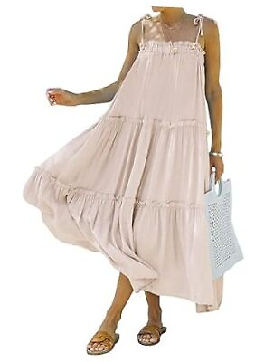 #ad Women 2024 Summer Maxi Dresses Sleeveless Spaghetti Strap Small Solid Apricot $68.71