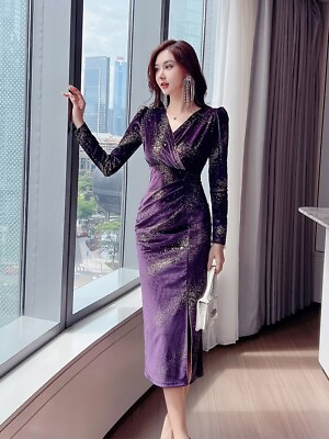 #ad Women Party Dress Long Sleeve Bodycon Cocktail Sexy Ladies V Neck Velvet Sequins $49.99