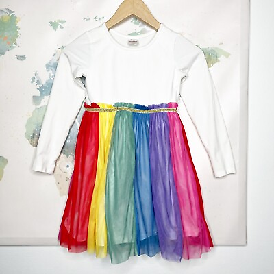 #ad Hanna Andersson Dress Size 120 6 7 Rainbow Tulle Skirt Long Sleeve Cotton $28.04