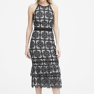#ad Banana Republic Tiered Lace Midi Cocktail Dress Size 4 Gray amp; Charcoal NWT $60.00