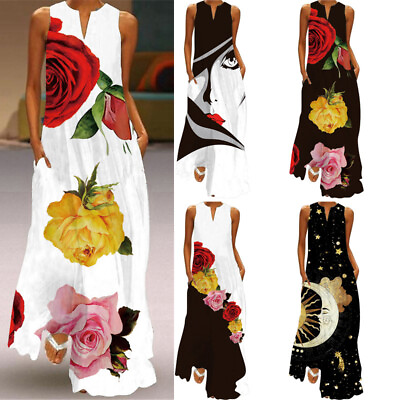 Plus Size Women#x27;s Boho Floral Long Maxi Dress Summer Beach Holiday Sundress $18.98
