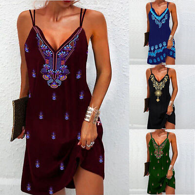 #ad Beach Boho V Neck Vest Cami Dress Plus Size Sundress Ladies Strappy Women Summer $15.99