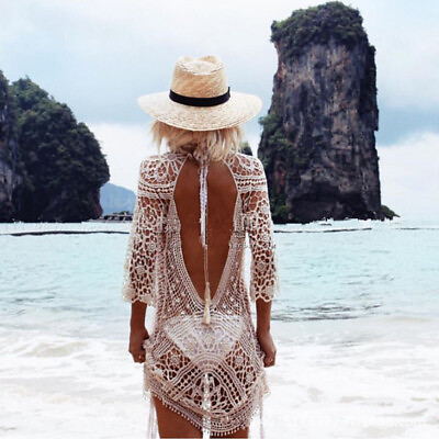 Women Bathing Suit Cover Up Crochet Lace Boho Dress Summer Beach Bikini Sundress $15.99
