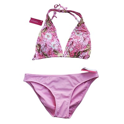#ad Xhilaration Size L Bikini Swimwear Set Pink Halter Top Hipster Bottom $14.99