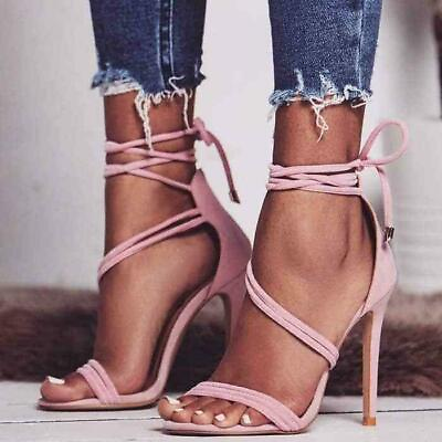 Roman Womens Heel Lace Up High Heels Pink Cute Casual Strappy Evening Sandals sz $54.39