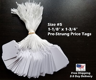 1000 Blank White Merchandise Price Tags with Strings Size #5 Retail Strung Label $17.49