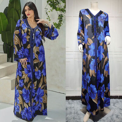 #ad Ramadan Women Floral Kaftan Muslim Long Dress Dubai Abaya Modest Party Gown Robe C $60.95