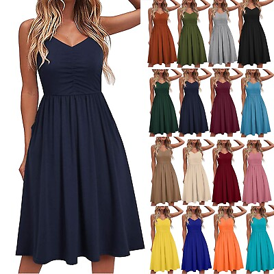 #ad Women Sleeveless Summer Beach Dress Solid A Line Spaghetti Strap Short Sundress $17.86