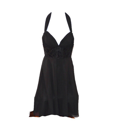 #ad White House Black Market Sz 0 Cocktail Dress Black Lace Beaded Halter Tie Sheer $29.99