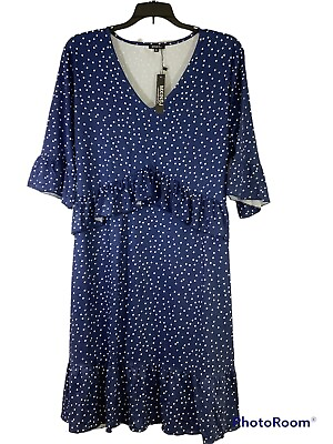 MXINSJ Women#x27;s V Neck Ruffle Dress Blue Polka Dot Boho Dresses Loose Swing XL $17.99
