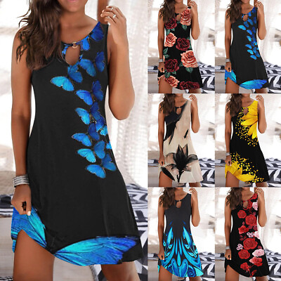 #ad Women Floral Boho Mini Tank Dress Summer Sleeveless Beach Holiday Sun Dresses US $11.49