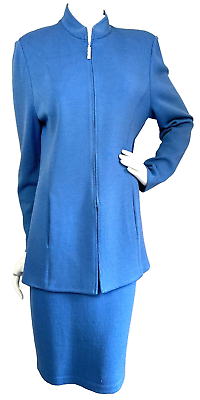 #ad St. John Collection 2Pc Santana Knit Skirt Long Jacket Set Suit Blue USA L 10 12 $275.95
