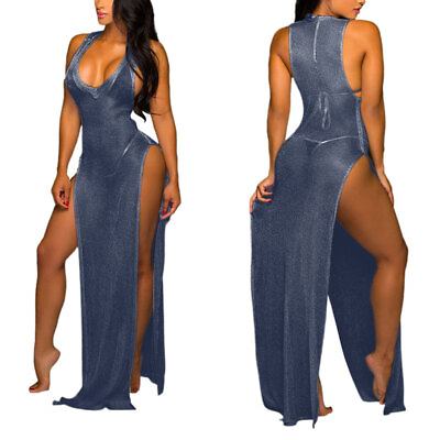 WOMENS LADIES HIGH HALTER NECK BACKLESS HIGH SIDE SPLITS LONG SEXY PARTY DRESS ♪ $15.20