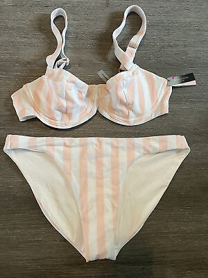 #ad Victoria#x27;s Secret 2 Piece Bikini Swimsuit Women’s M 34C Pink And White NWT $27.55
