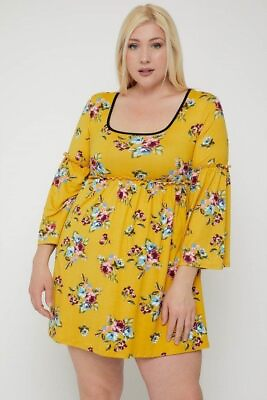 #ad Plus Size Floral Print Dress Yellow $25.99