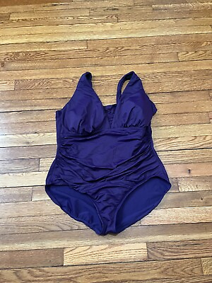 #ad LANDS#x27; END Purple One Piece Swimsuit Plus Size 18W Stretch Bathing Suit $18.99