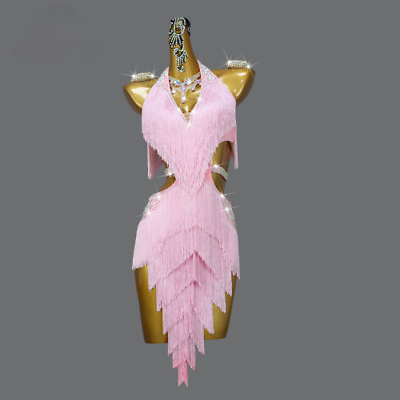 Latin Dance Dress Pink Professional Ball Party Short Skirt Sport Wear Fringed $144.93