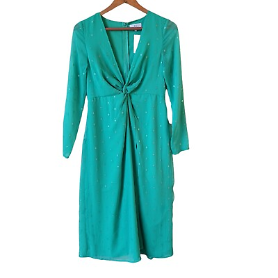 #ad NSR Nordstrom Midi Dress Women Medium Green Polka Dot Crepe Sheer V Neck Wedding $14.80