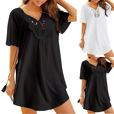 #ad #ad Womens Swimsuit Coverup Lace Crochet V Neck Bathing Suit Cover Up Dress Beach $15.19