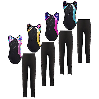 #ad Kids Girls Set Sparkly Rhinestones Dancewear Round Neck Outfits Patchwork Suit $18.59