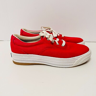 Keds Platform Sneakers Womens 8 Red Denim Canvas Lace Up Comfort Shoes $39.99