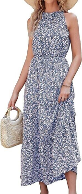 #ad Summer Boho Floral Maxi Dress Halter Sleeveless Elastic Waist Sundress M BR $17.99