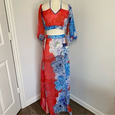 #ad Sheer Floral Maxi Skirt With Matching Crop Top Blue Red Size S $29.00