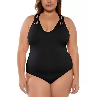 #ad BECCA Rebecca Virtue Solid Black Cut Out Cross Back Swimsuit Plus Size 3X 22 24 $49.00