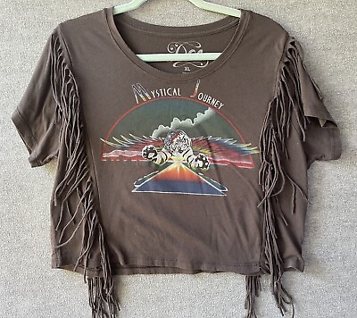 Women#x27;s Boho Fringe T Shirt Cropped Mystical Journey Tiger Size XL $12.99
