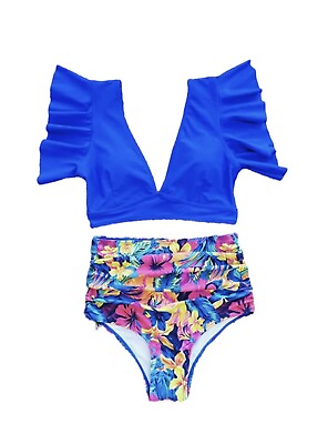 #ad SPORLIKE Women#x27;s Ruffle Top High Waist Two Piece Swimsuit Tropical Print XL $17.99