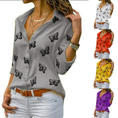 Print Women Sleeve Turn down Work Shirt Collar Blouse Tops Elegant Long Blouses $14.89