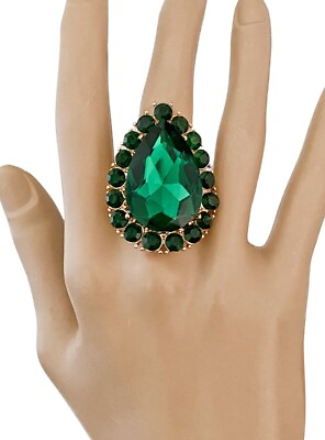 Forest Green Crystals Bold Classy Statement Stretchable Cocktail Party Ring $16.20