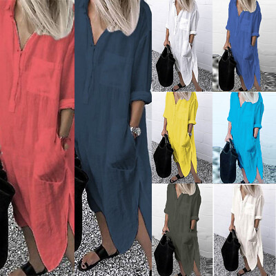 Womens Cotton Linen Loose Shirt Dress Kaftan Summer Long Sleeve Tunic Maxi Tops $19.09