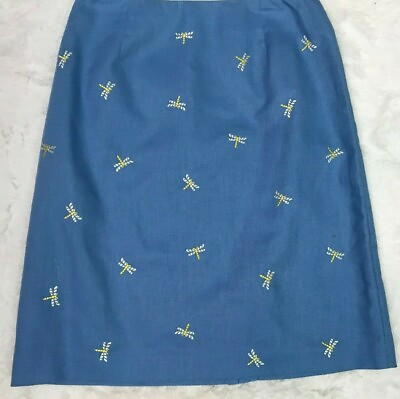 Talbots Petites Womens Pencil Skirt Short Linen Blend Blue Dragon Fly Print 4P $11.99