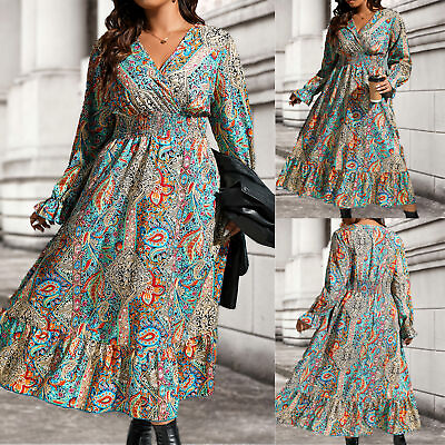 Womens Blue Floral Maxi Dress Midi Boho Peasant Smocked Waist Dresses Plus Size $22.78
