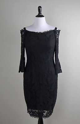 ADRIANNA PAPELL $160 Black Lace Off Cold Shoulder Lined Evening Dress Size 12 $49.99