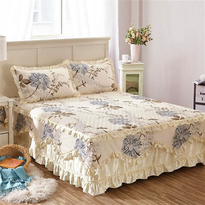 1 2 3pcs Pastoral Solid Bed Skirt Bed Cover Sheets Cotton Quilted Lace Bed Sheet $183.01