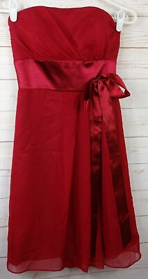 #ad Womens Strapless Red Cocktail Dress Size 0 Red Satin w Chiffon Overlay $31.49