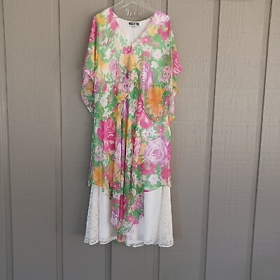 #ad Vicky Tiel Floral Maxi Dress Plus Size 2X Lace Detail Overlay Cape Boho V Neck $59.00