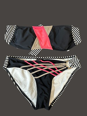#ad #ad JuniorsGeorge Lightly Padded Hipster Bikini Set Black White Pink Size 8 10 $12.00