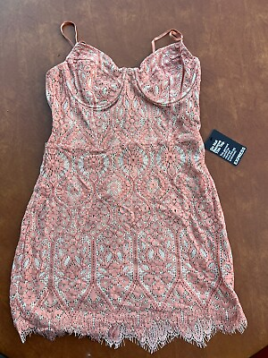 #ad NWT Express Pink Stretch Lace Bodycon Mini Dress Size M Adjustable Straps #223 $15.00