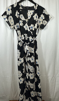 #ad Lucky Brand Silk Maxi Dress XS Floral Short Sleeve Blue Black and White Flowy $18.00