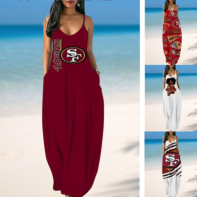 San Francisco 49ers Women#x27;s Summer Dress Maxi V Neck Dress Loose Swing Sundress $27.54